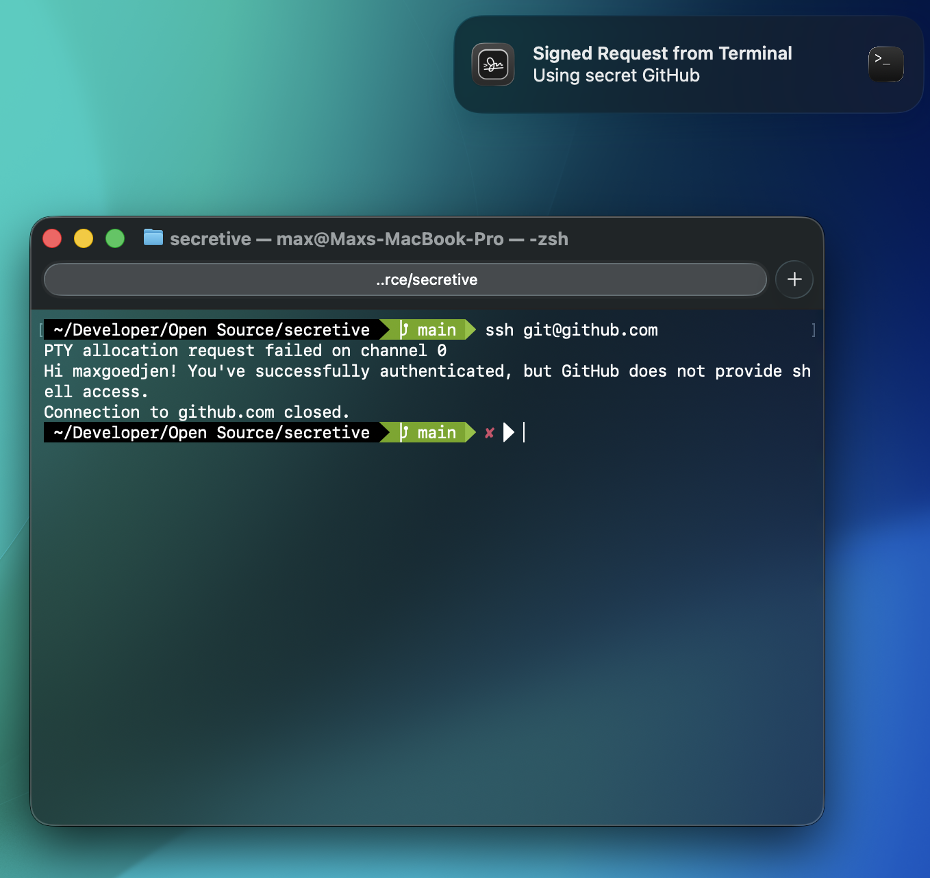 Screenshot of Secretive notifying the user