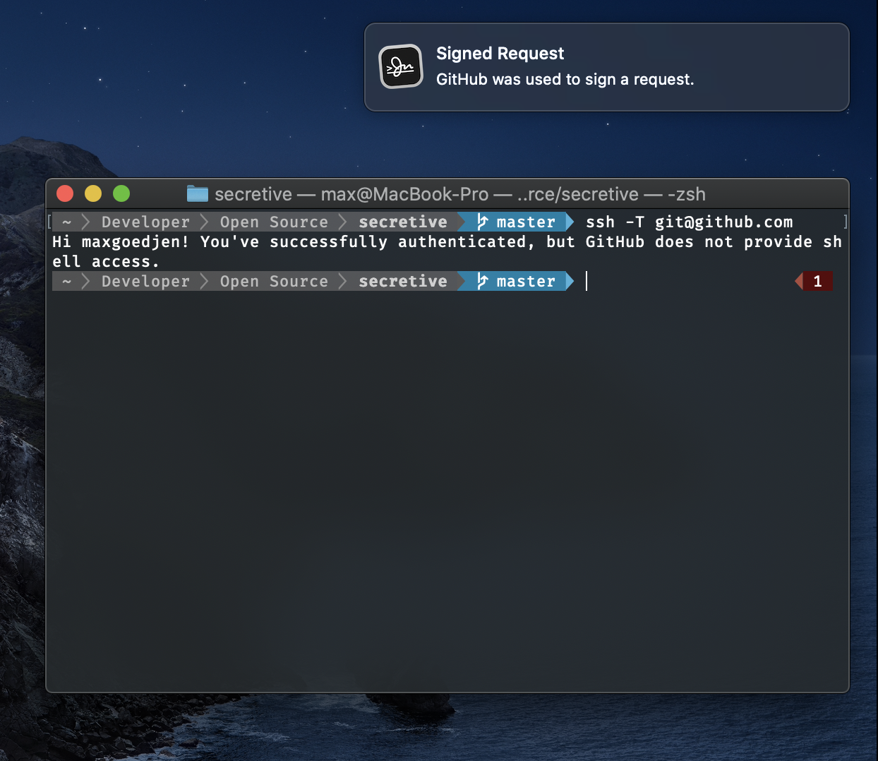 Screenshot of Secretive notifying the user